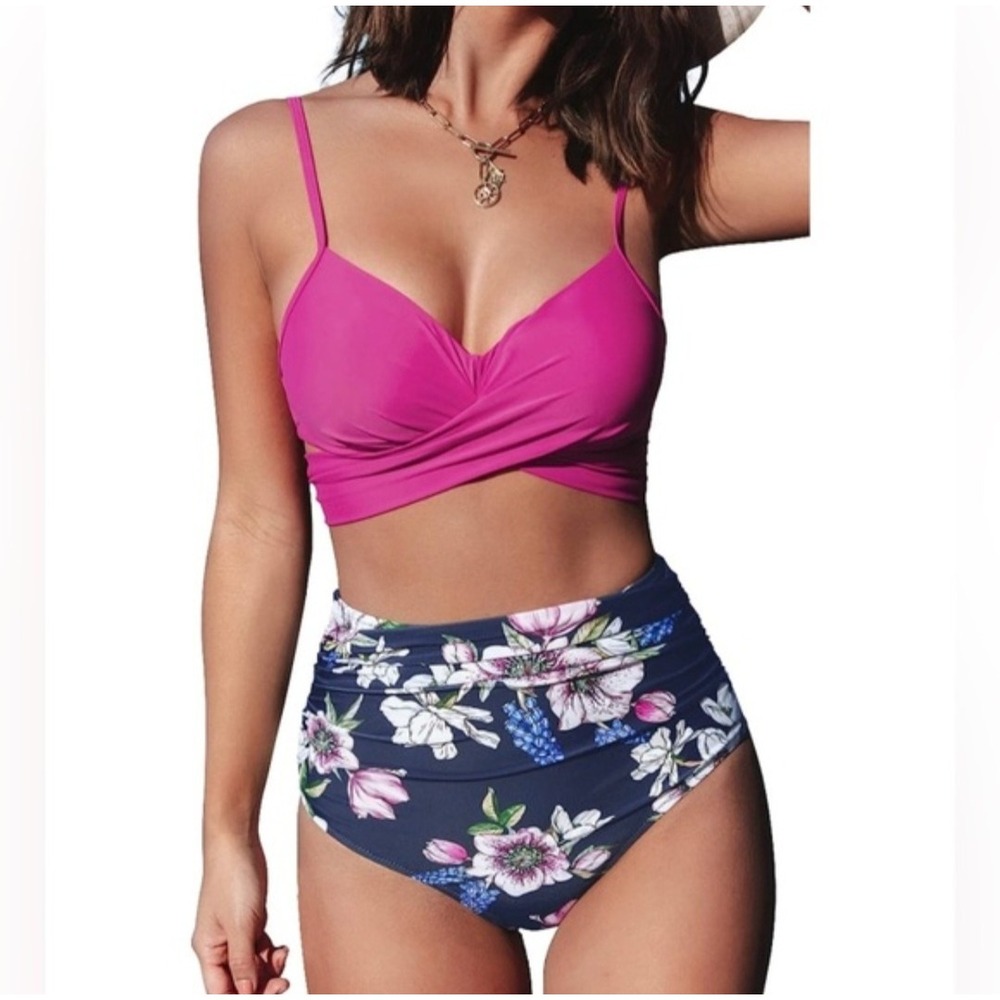 Cupshe Womens Pink Wrap Bikini Top and Floral High Waisted Bottom Set Large NEW
